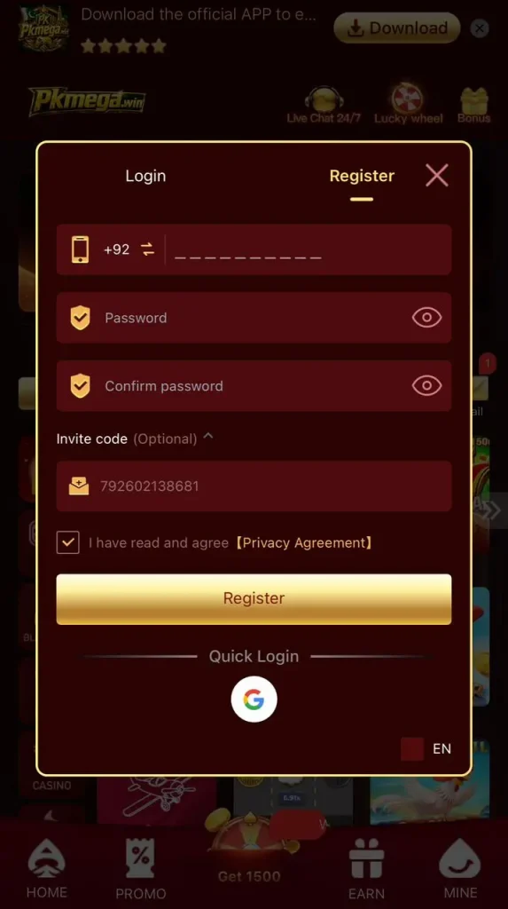 Register on PKMEGA Game
